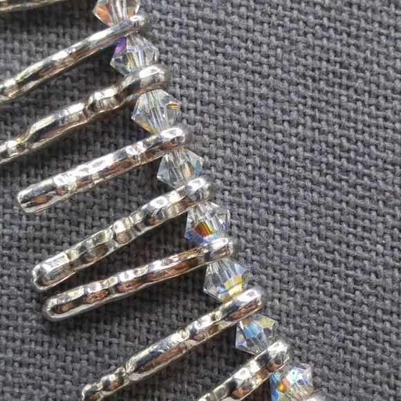 Artisan Crystal Bead Necklace with Silver Tube Beads on Wire, Handmade, 18 Inch - Picture 3 of 10